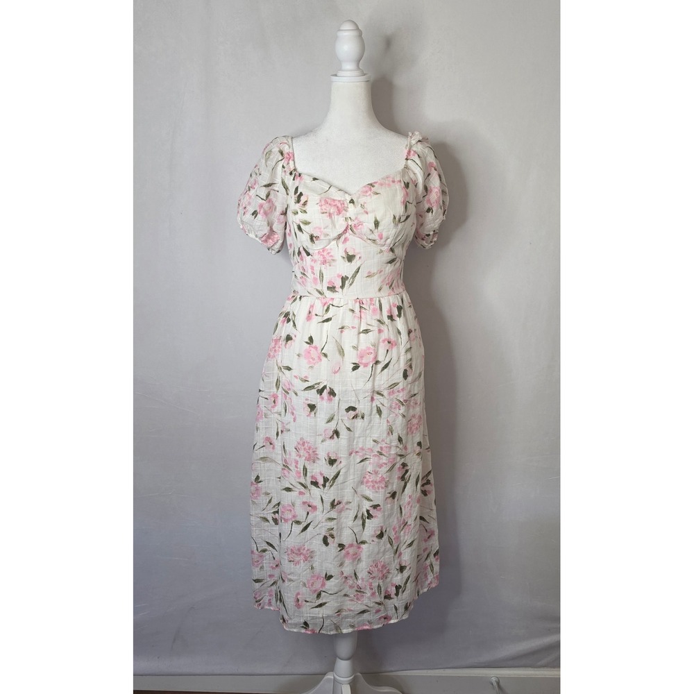 As U Wish Pink Floral Puff Sleeve Midi Dress Sweetheart Neck Smocked Back Size M